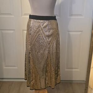 ZARA Gold Sequin Midi Skirt Elastic Waist Side Zip